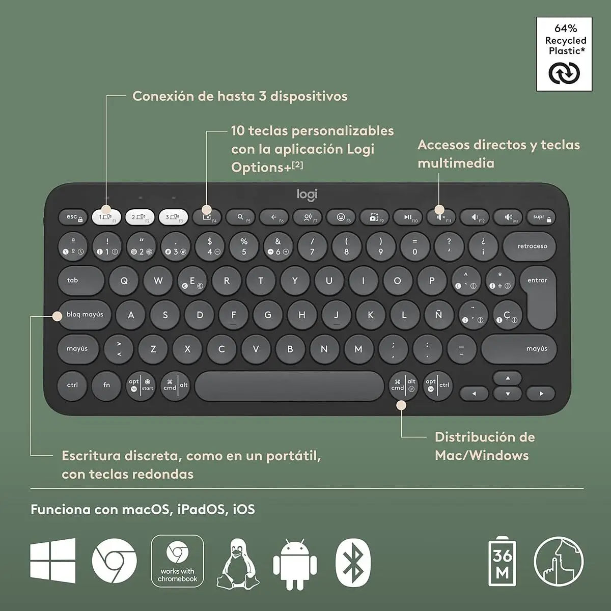 Logitech Teclado inalambrico Pebble Keys 2 K380s Grafito