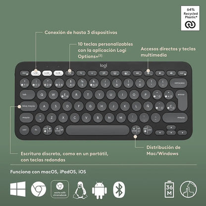 Logitech Teclado inalambrico Pebble Keys 2 K380s Grafito