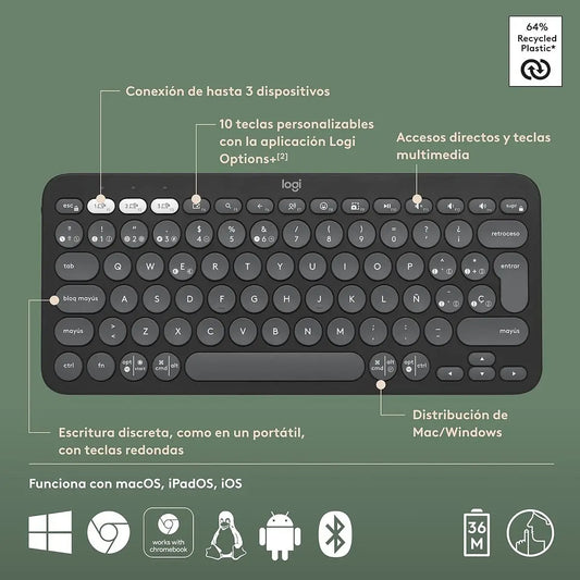 Logitech Teclado inalambrico Pebble Keys 2 K380s Grafito